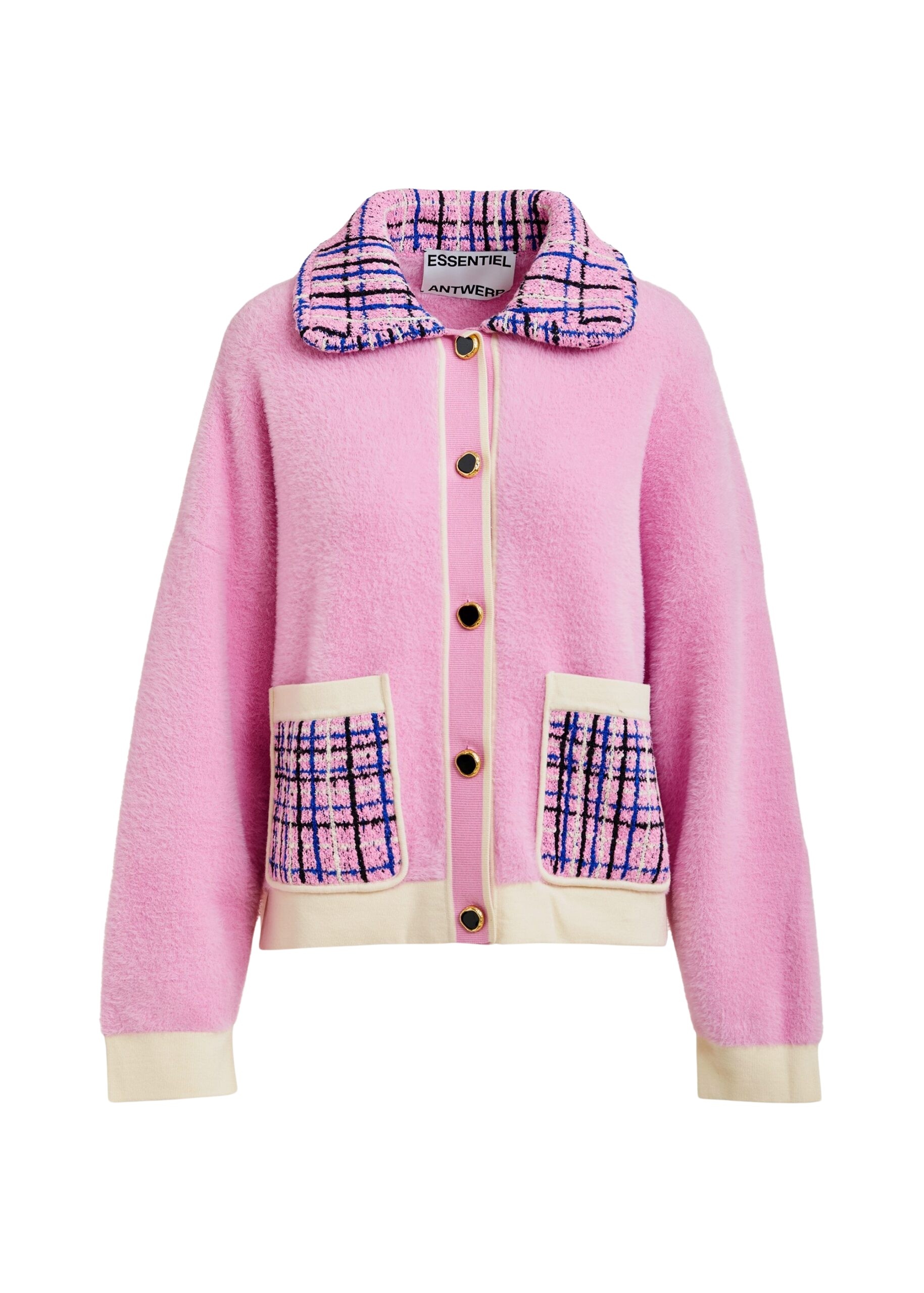 Pink and off-white textured cardigan with contrast blue and black tweed collar and patch pockets