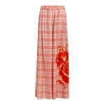 Pink and red checked wide-leg pants with placed print