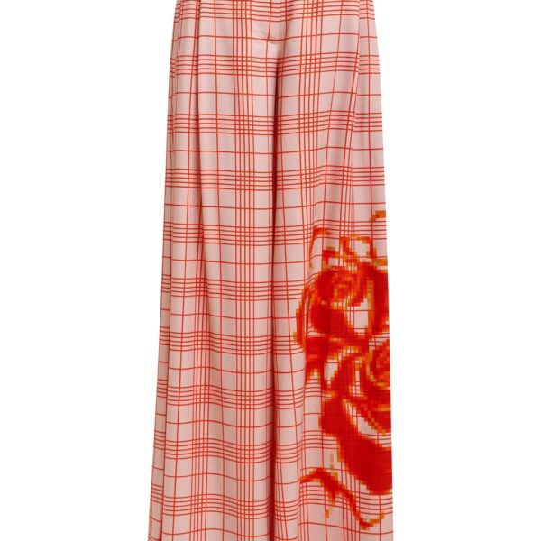 Pink and red checked wide-leg pants with placed print