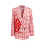 Pink and red double-breasted blazer with placed pixel print