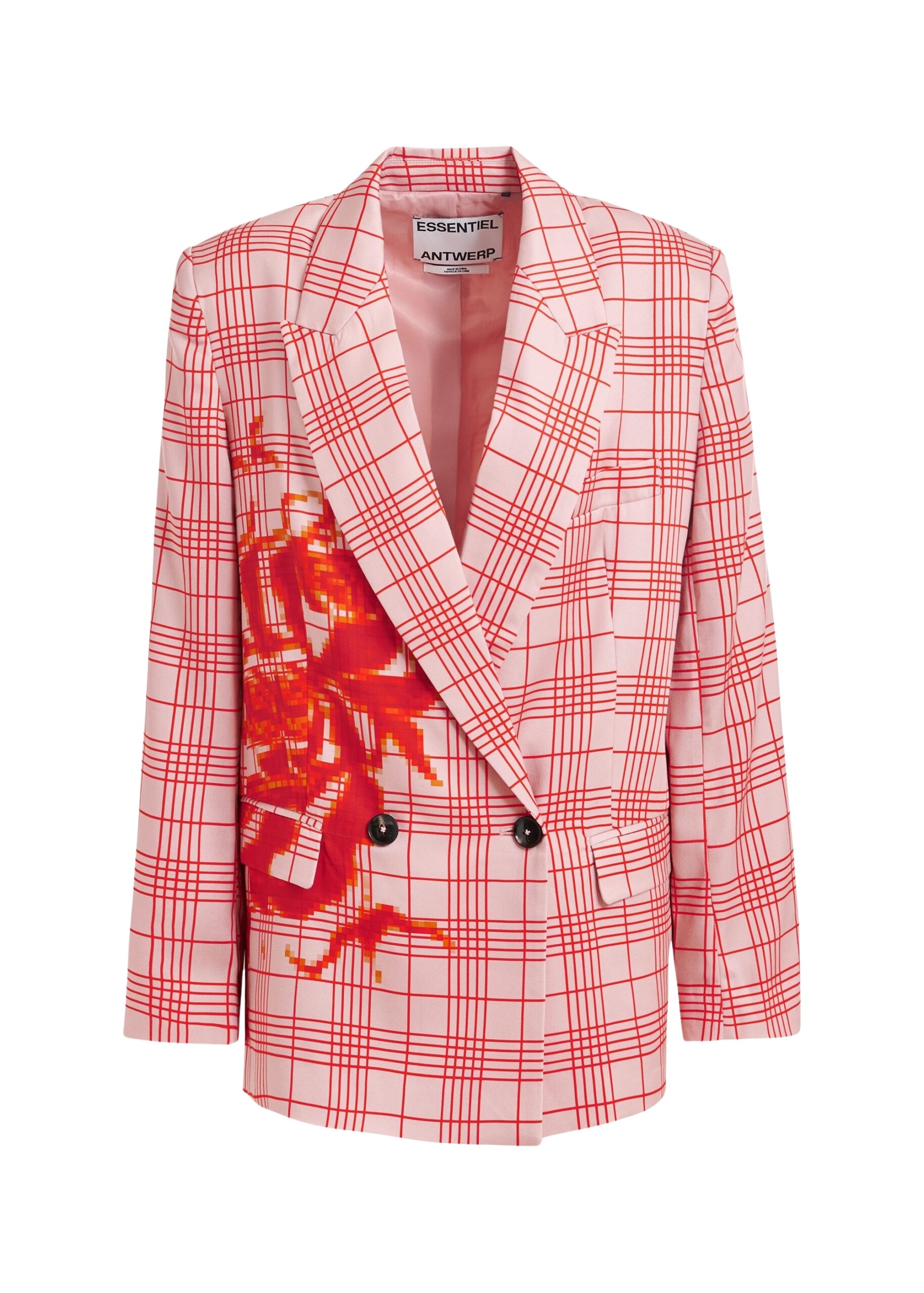 Pink and red double-breasted blazer with placed pixel print