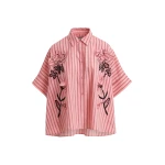 Pink and red oversized cotton shirt with floral appliqué embroidery and bead embellishments