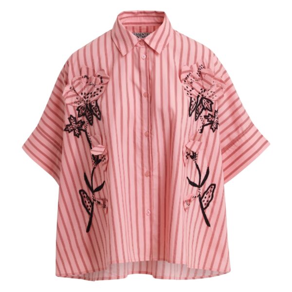 Pink and red oversized cotton shirt with floral appliqué embroidery and bead embellishments