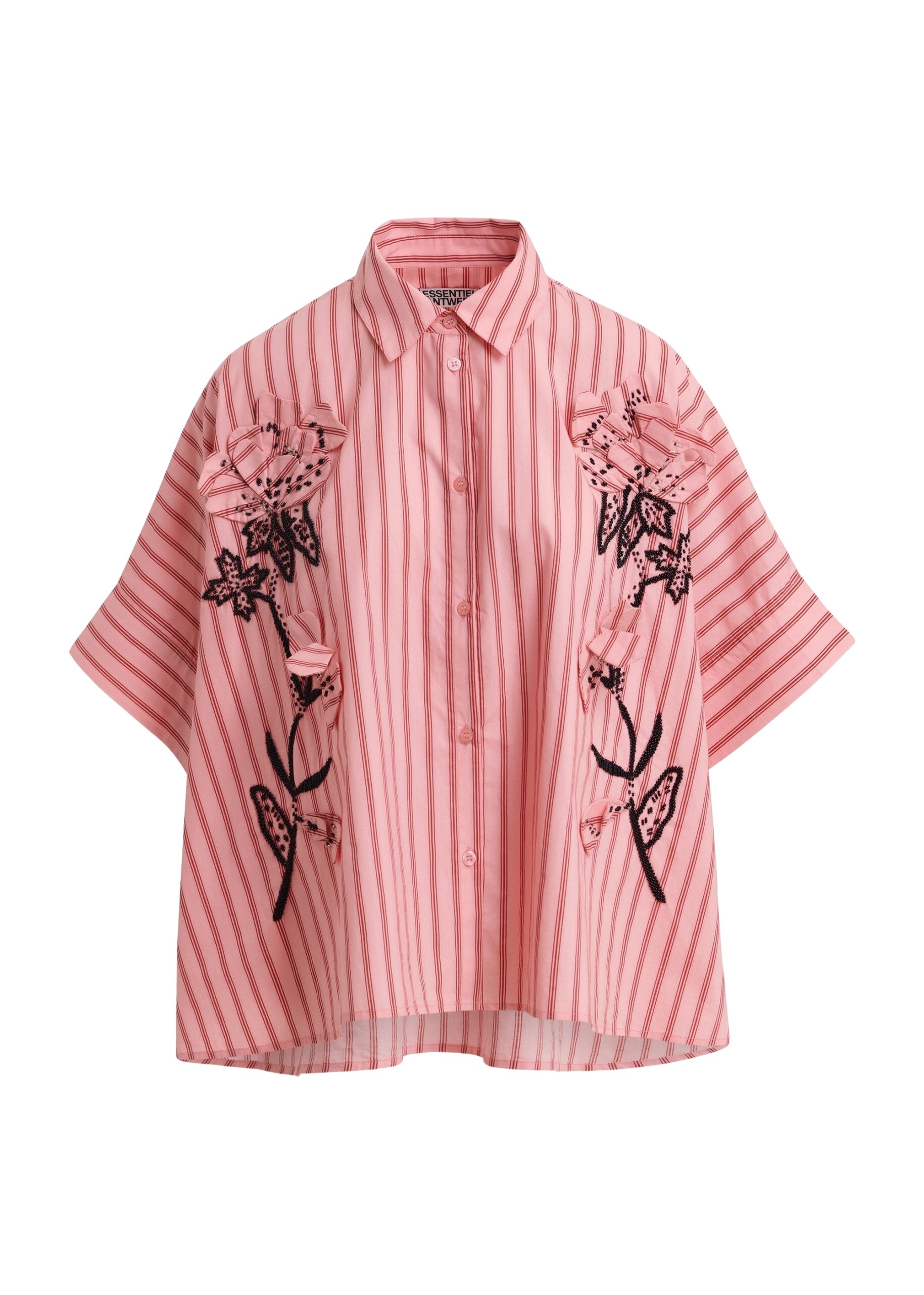 Pink and red oversized cotton shirt with floral appliqué embroidery and bead embellishments