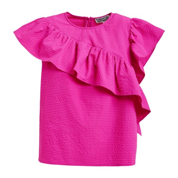 Pink asymmetrical top with ruffle details