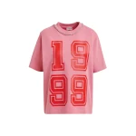 Pink cotton T-shirt with rhinestone embellished neckline and red numeric print