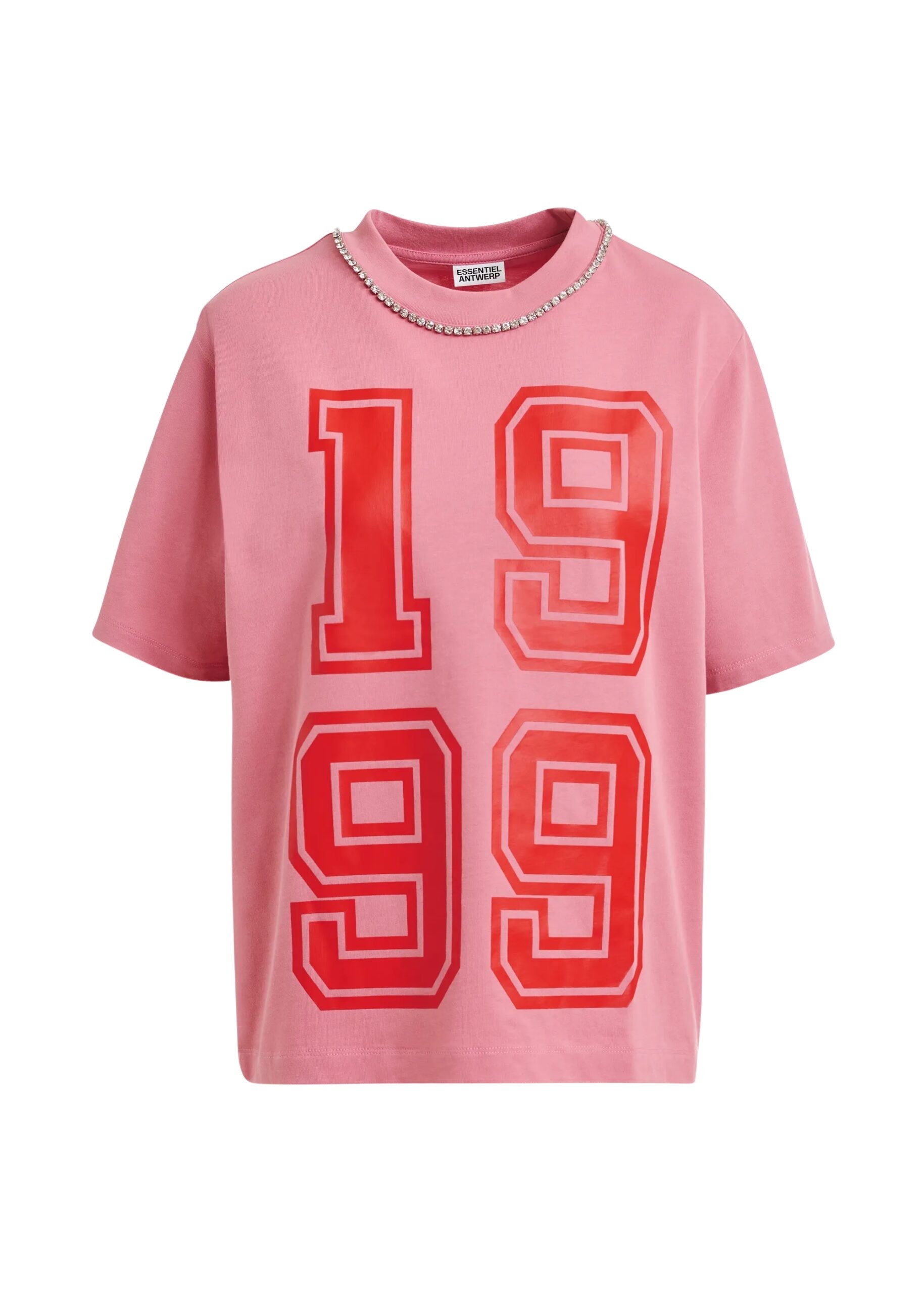 Pink cotton T-shirt with rhinestone embellished neckline and red numeric print