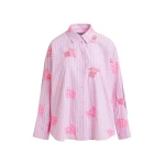 Pink cotton shirt with blue pinstripes and embroidered details