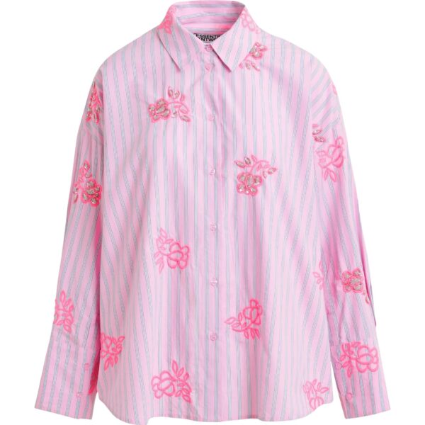 Pink cotton shirt with blue pinstripes and embroidered details