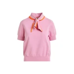 Pink fine-knit polo with orange scarf-like contrast collar