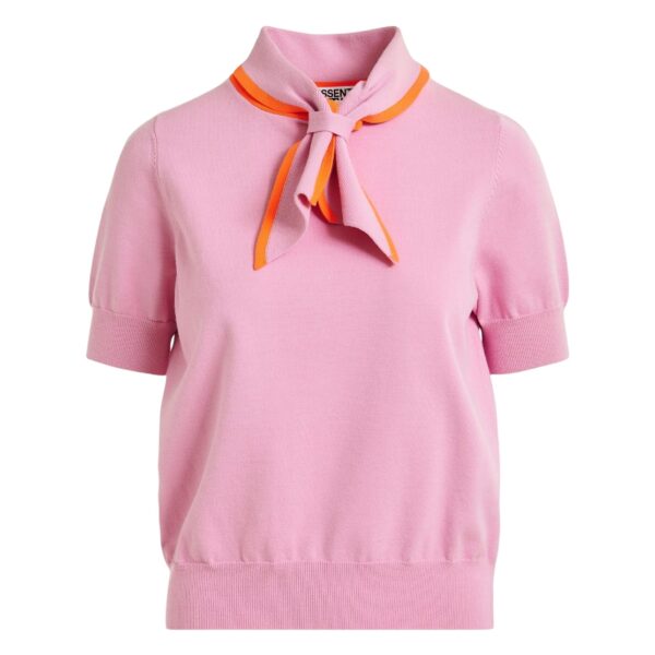 Pink fine-knit polo with orange scarf-like contrast collar