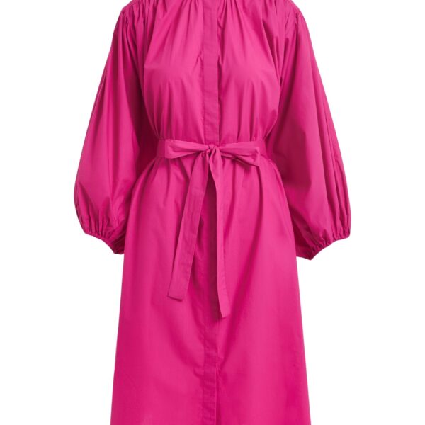 Pink knee-length shirt dress with mandarin collar