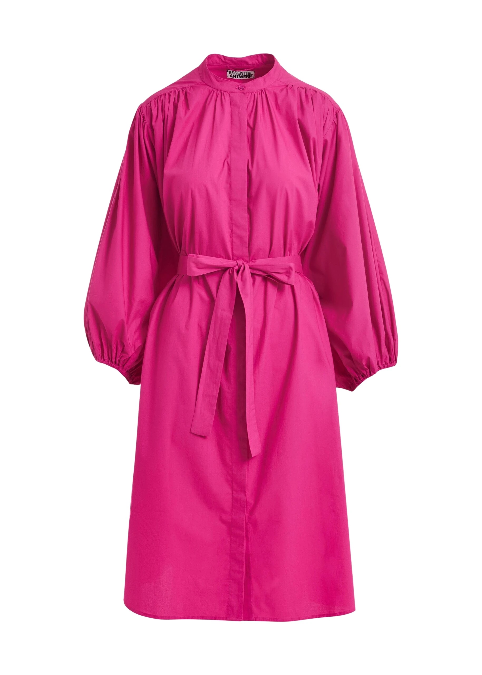Pink knee-length shirt dress with mandarin collar
