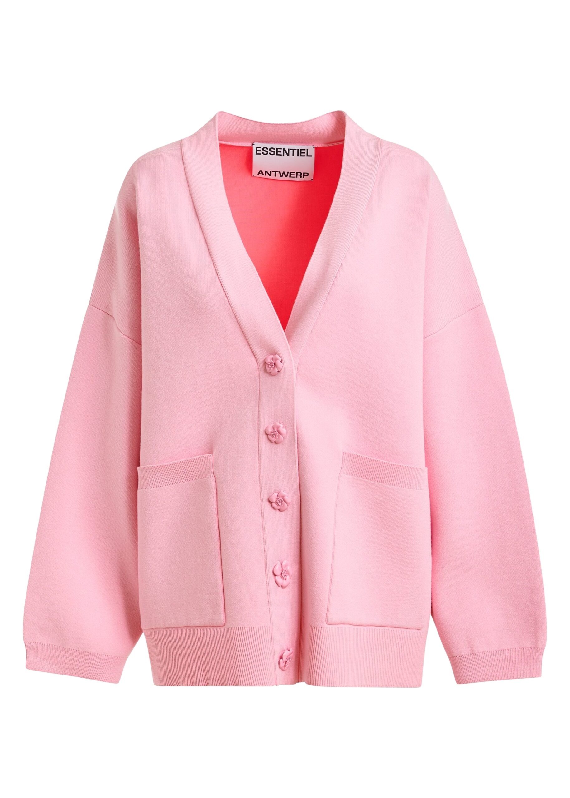 Pink knit cardigan with tonal flower buttons