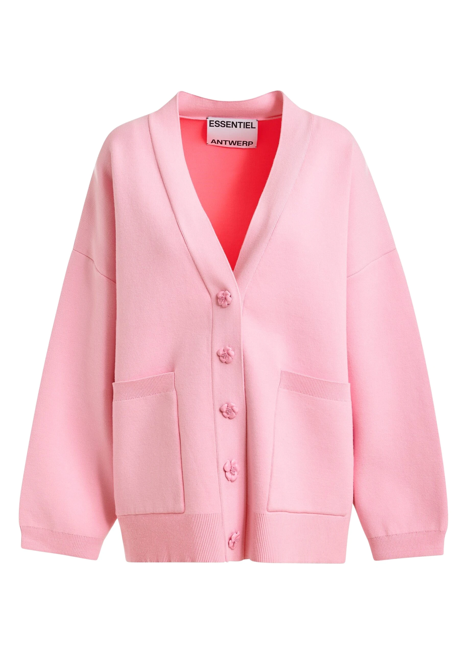 Essentiel-Antwerp-Pink-knit-cardigan-with-tonal-flower-buttons-scaled60579_nobg Pink knit cardigan with tonal flower buttons