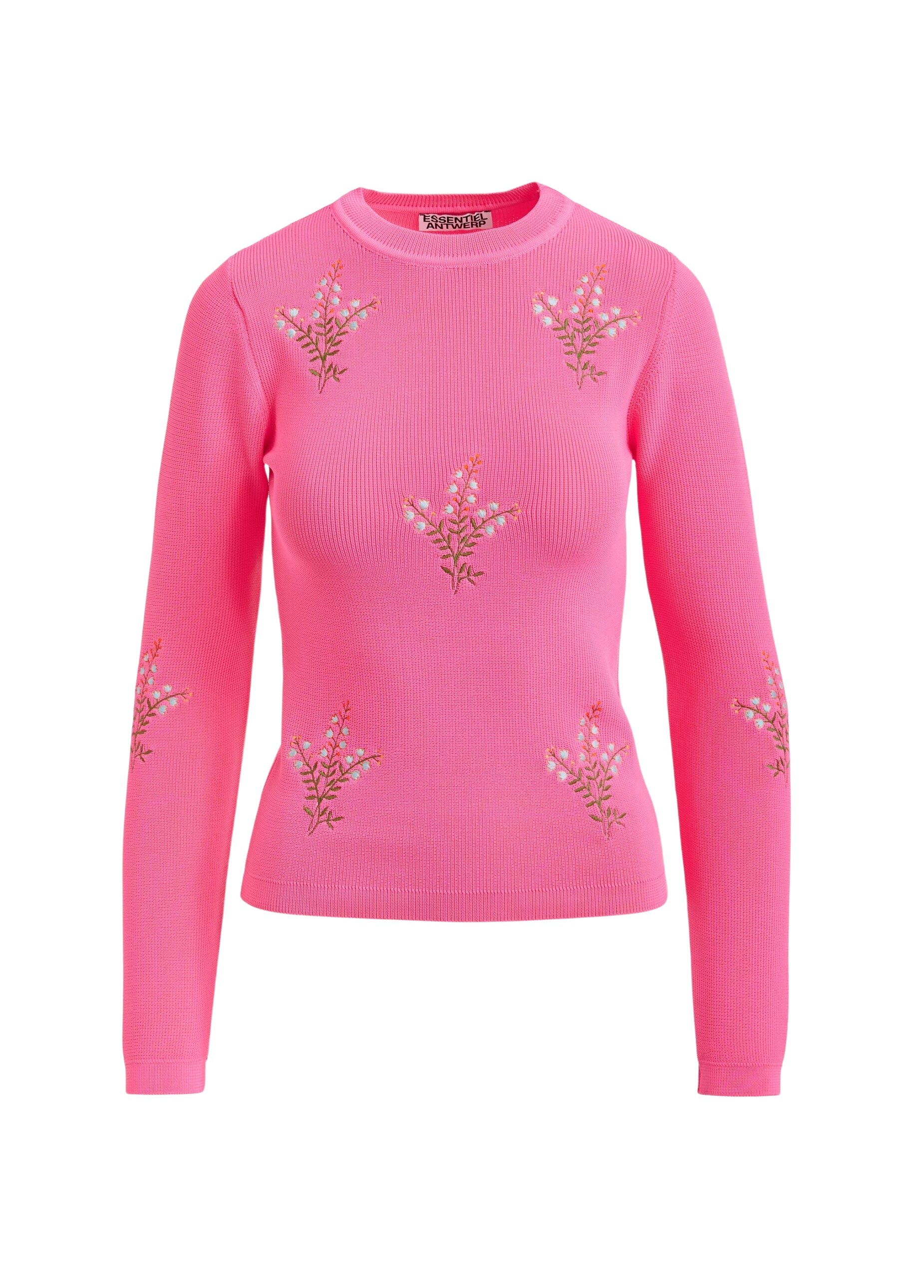 Pink knitted sweater with floral embroideries