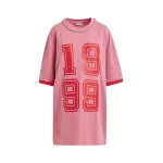 Pink oversized cotton T-shirt with rhinestone embellished neckline and red numeric print