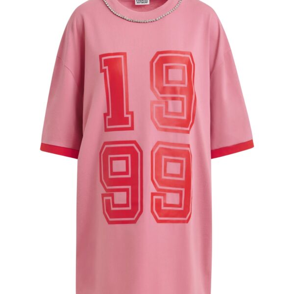 Pink oversized cotton T-shirt with rhinestone embellished neckline and red numeric print