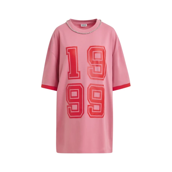 Essentiel Antwerp Pink oversized cotton T-shirt with rhinestone embellished neckline and red numeric print Dress
