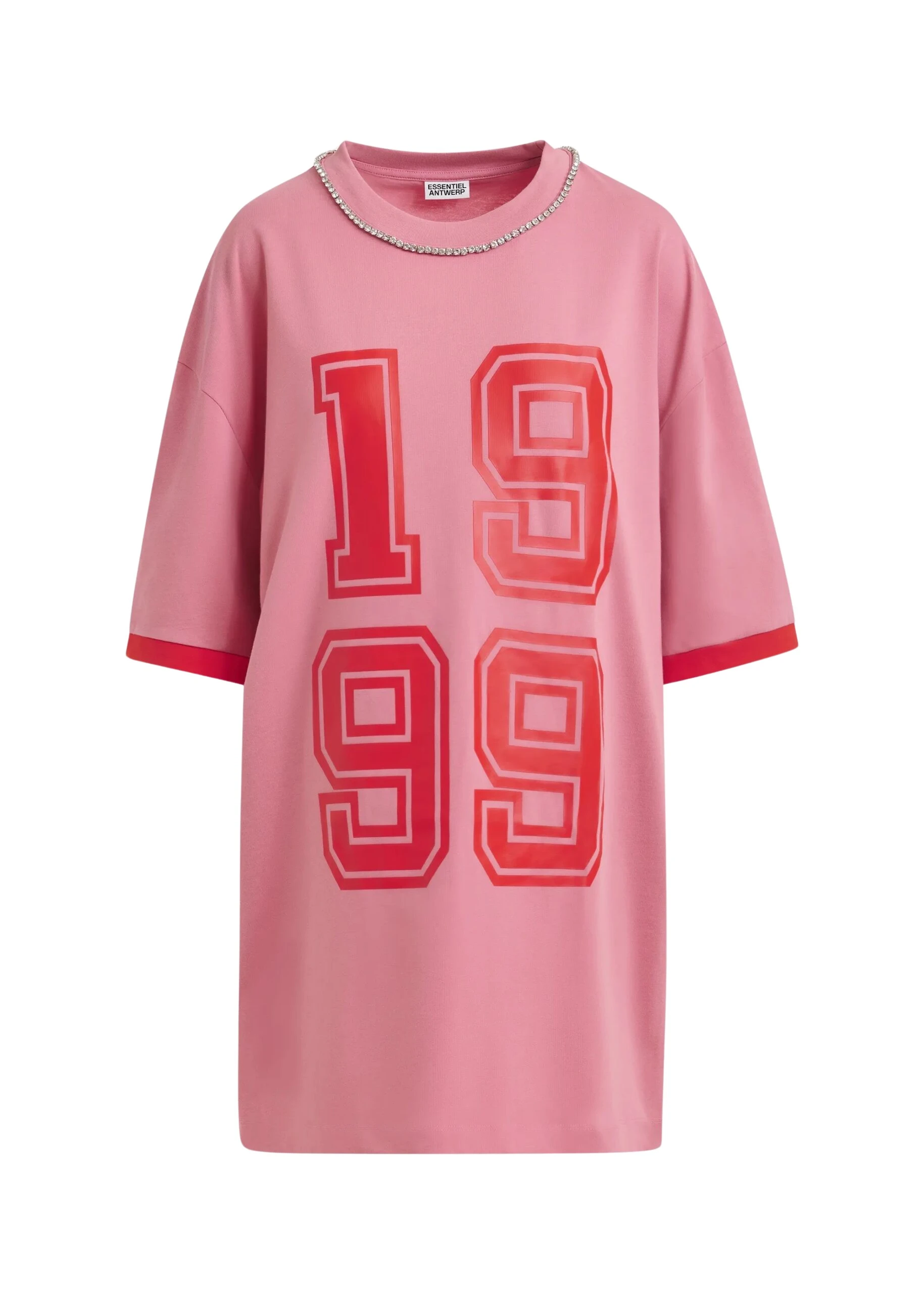 Essentiel-Antwerp-Pink-oversized-cotton-T-shirt-with-rhinestone-embellished-neckline-and-red-numeric-print-scaled12172_nobg Pink oversized cotton T-shirt with rhinestone embellished neckline and red numeric print