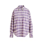 Purple and beige checked flannel shirt with rhinestone-embellished collar