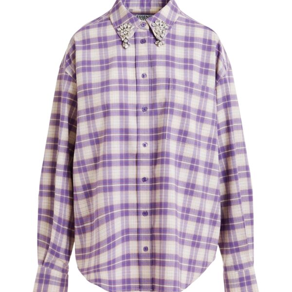 Purple and beige checked flannel shirt with rhinestone-embellished collar