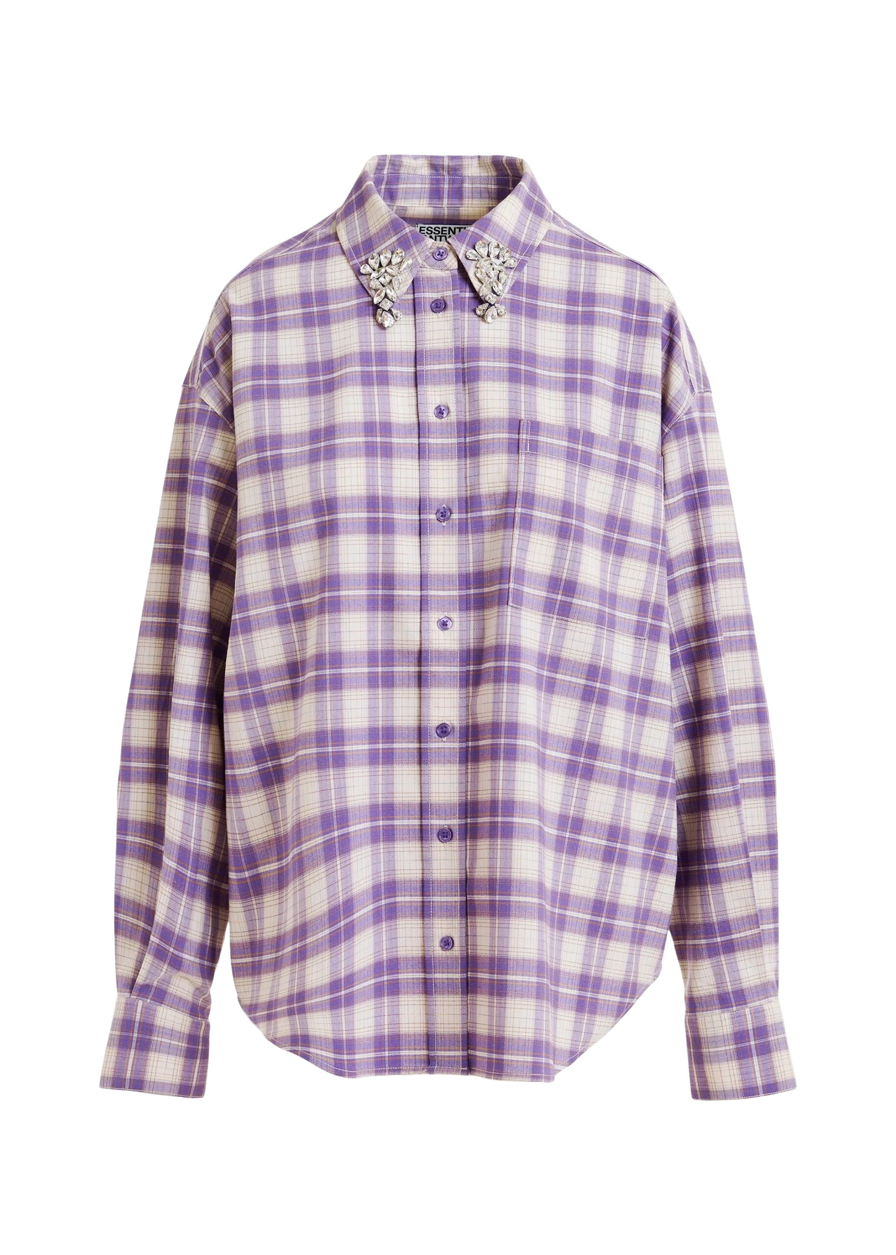 Purple and beige checked flannel shirt with rhinestone-embellished collar