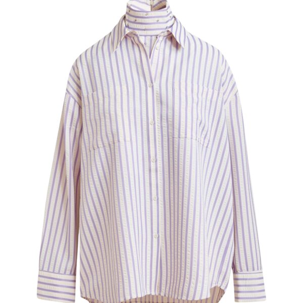 Purple and off-white oversized shirt with rhinestone embellishments and layered bib