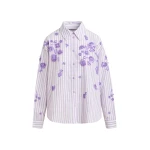 Purple and off-white striped cotton shirt with floral sequin and bead embellishments