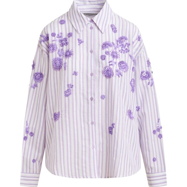 Purple and off-white striped cotton shirt with floral sequin and bead embellishments