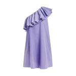 Purple one-shoulder mini dress with ruffle details
