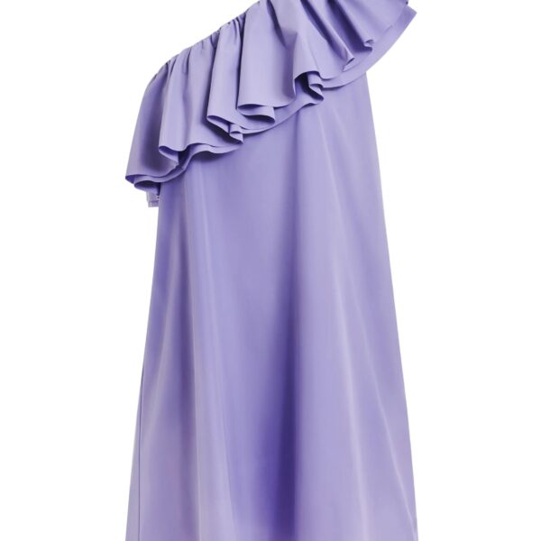 Purple one-shoulder mini dress with ruffle details