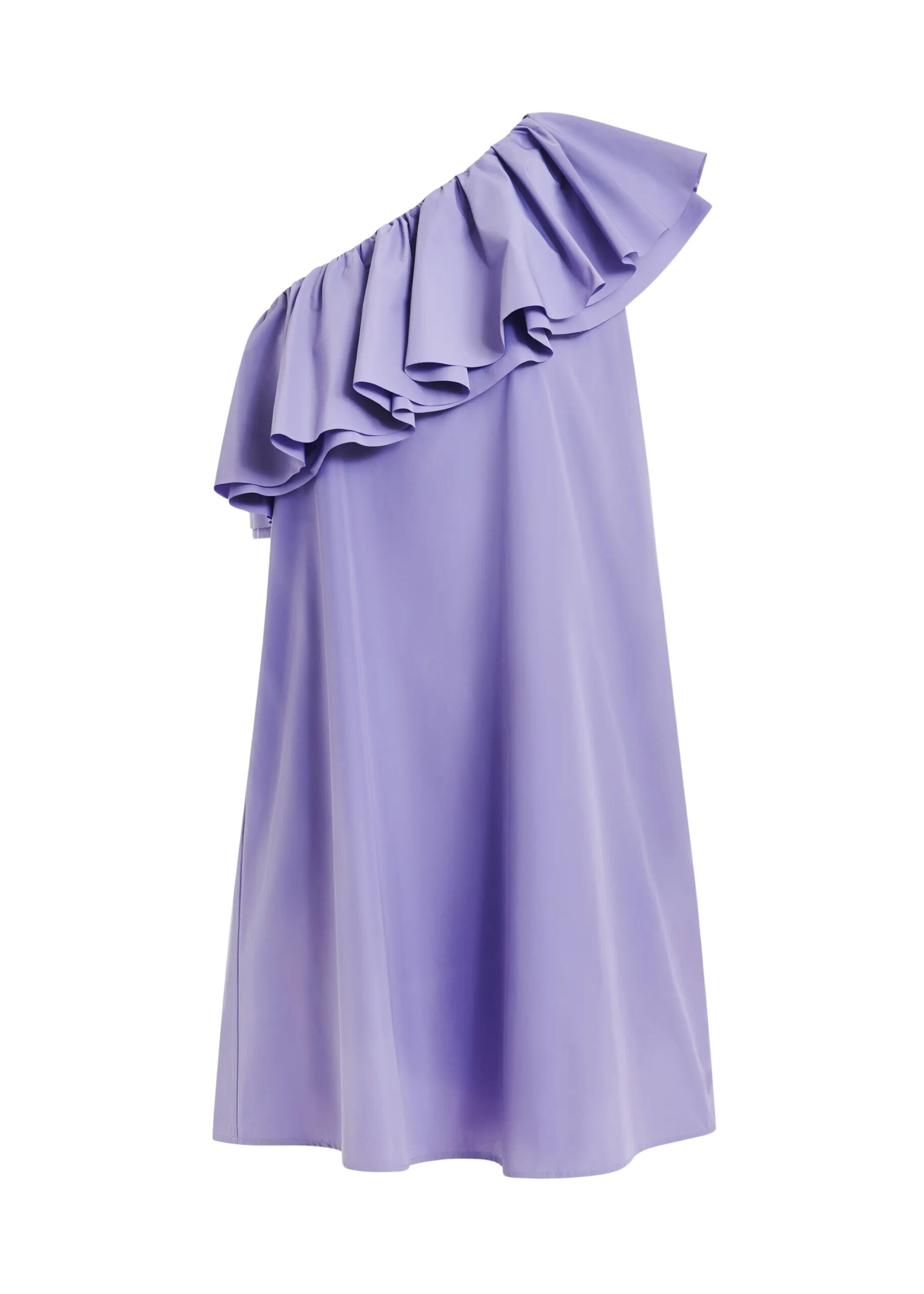 Purple one-shoulder mini dress with ruffle details