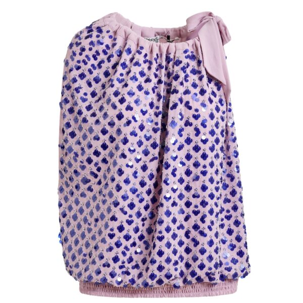 Purple sequin-embellished asymmetric top with neck-tie ribbon