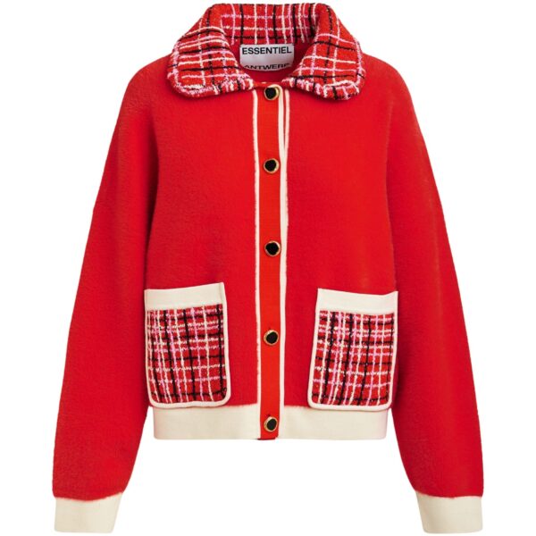 Red and off-white textured cardigan with contrast pink and black tweed collar and patch pockets