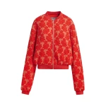 Red and orange quilted jacquard floral bomber jacket