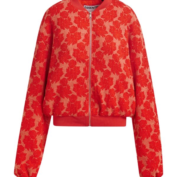 Red and orange quilted jacquard floral bomber jacket