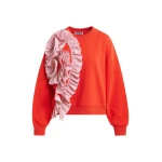 Red cotton-blend sweatshirt with ruffle details