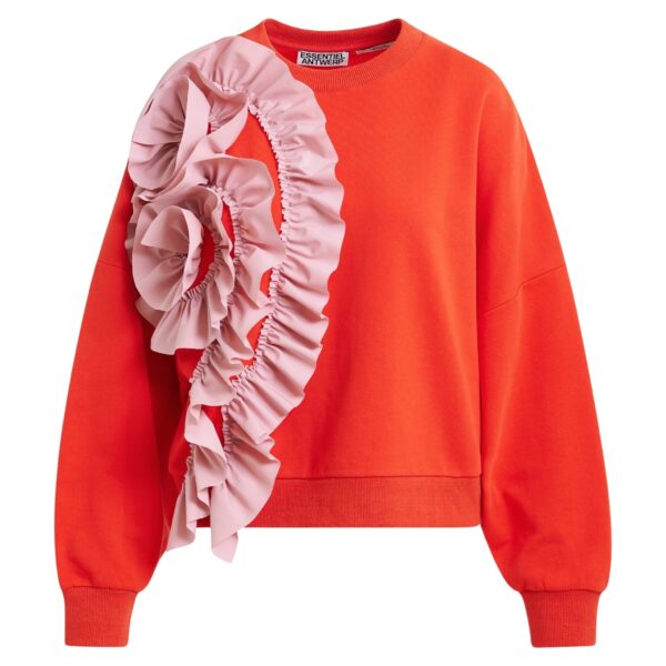 Red cotton-blend sweatshirt with ruffle details
