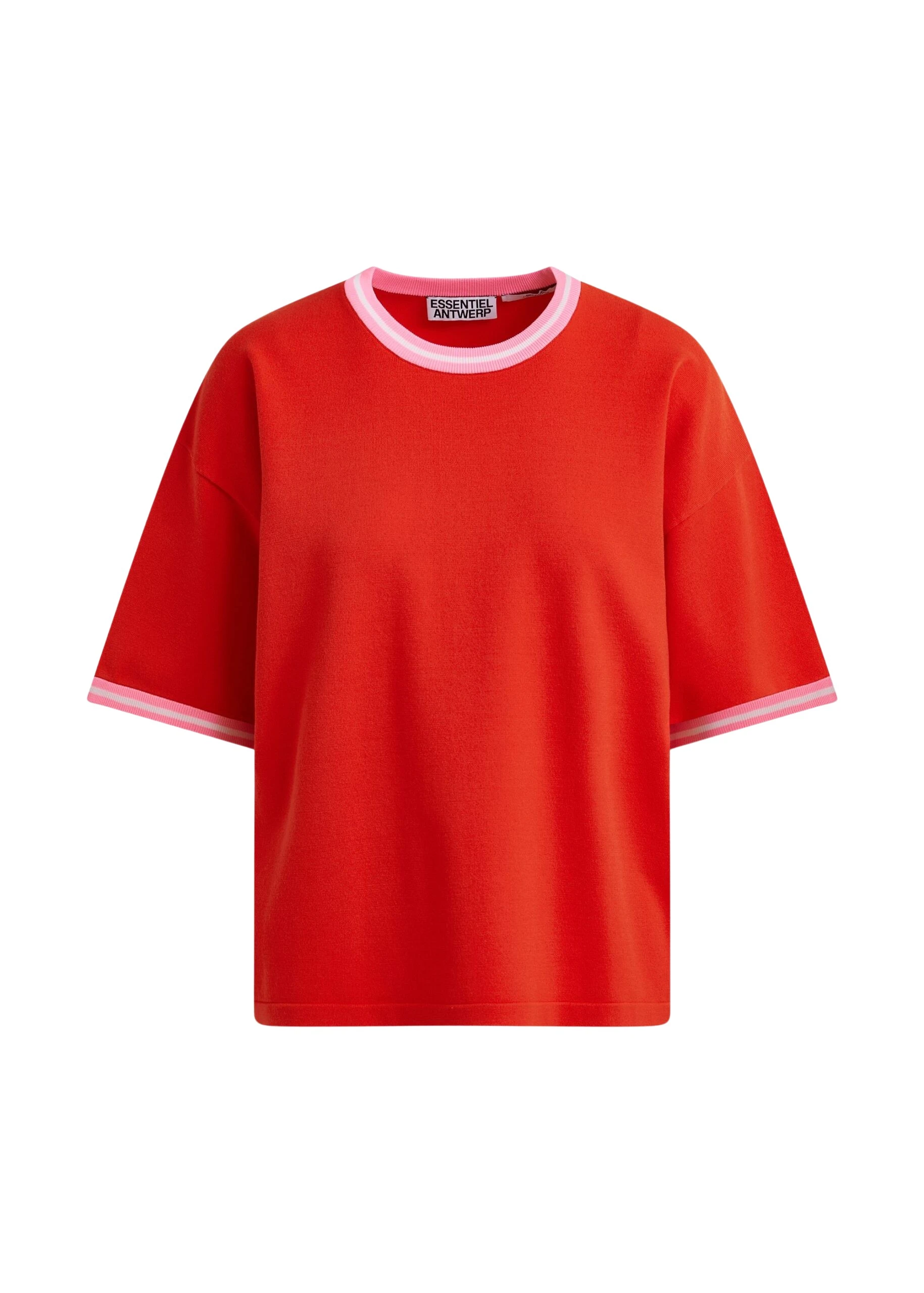 Essentiel-Antwerp-Red-slightly-cropped-knit-T-shirt-with-pink-contrasting-trim-scaled77892_nobg Red slightly cropped knit T-shirt with pink contrasting trim
