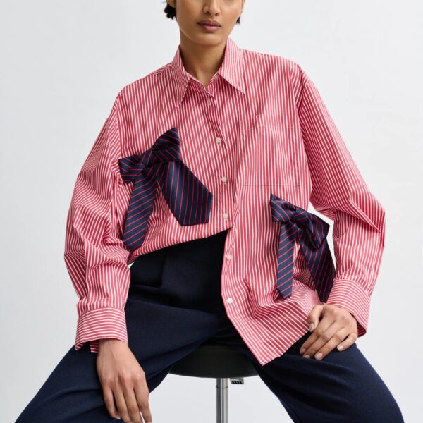white and navy striped oversized cotton shirt with tie bows