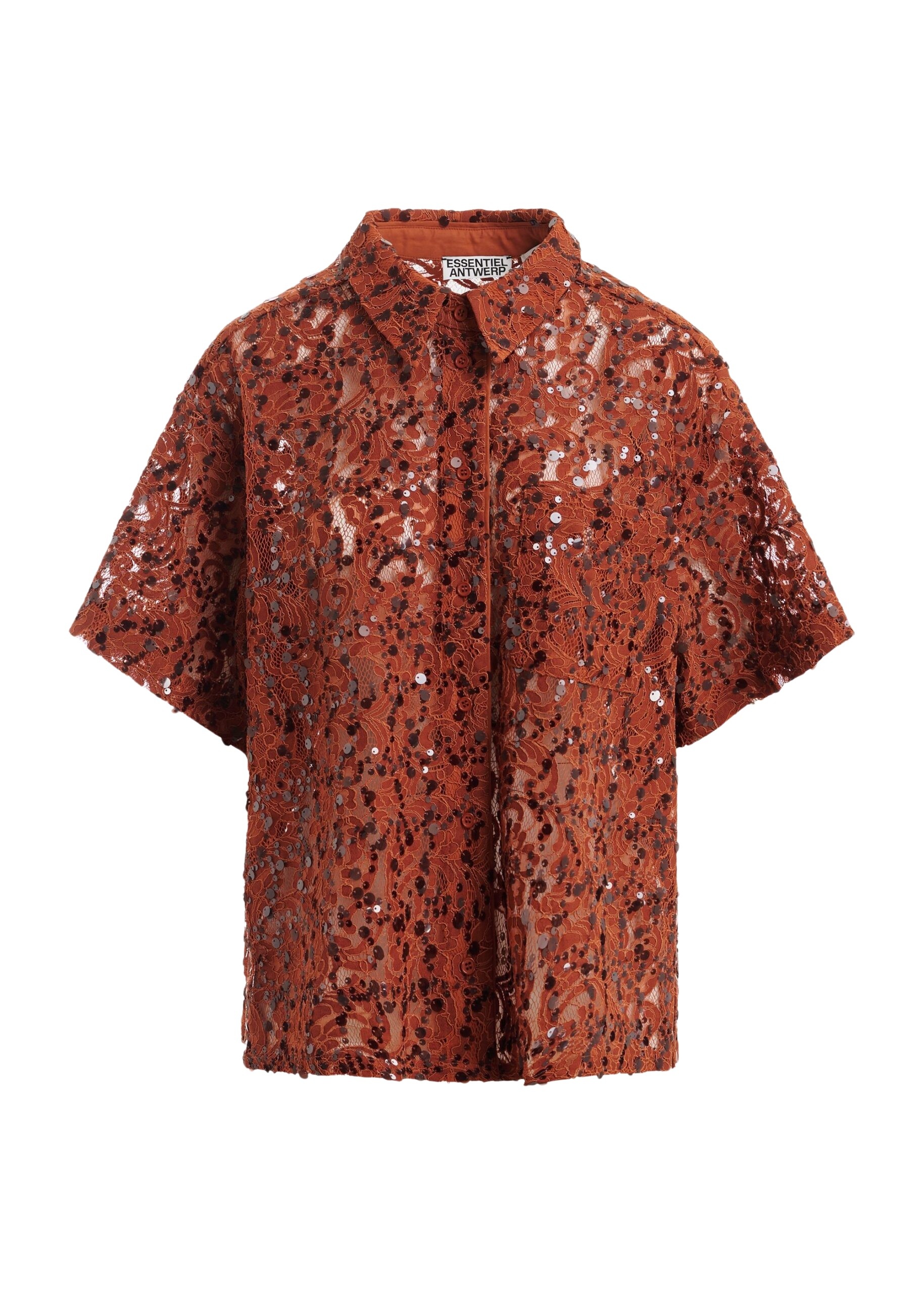 Rust sequin-embellished short-sleeve shirt