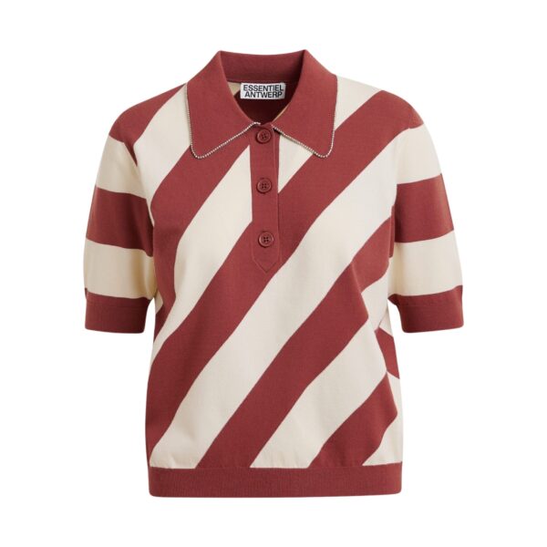 Terracotta and off-white striped polo with embellished collar