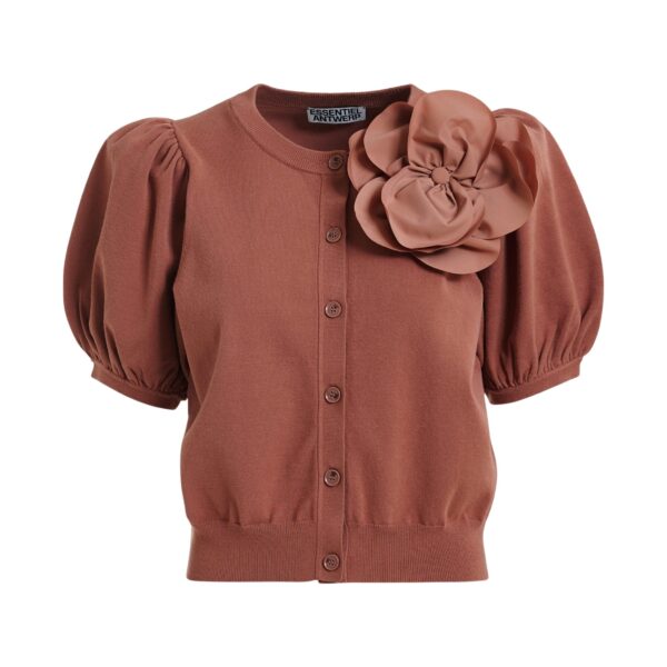 Terracotta fine knit cardigan with oversized flower brooch