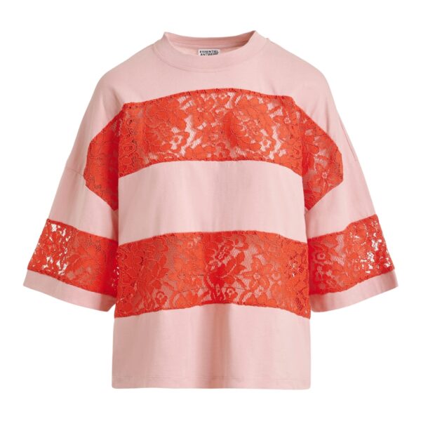 Vintage pink and orange organic cotton striped lace insert T-shirt