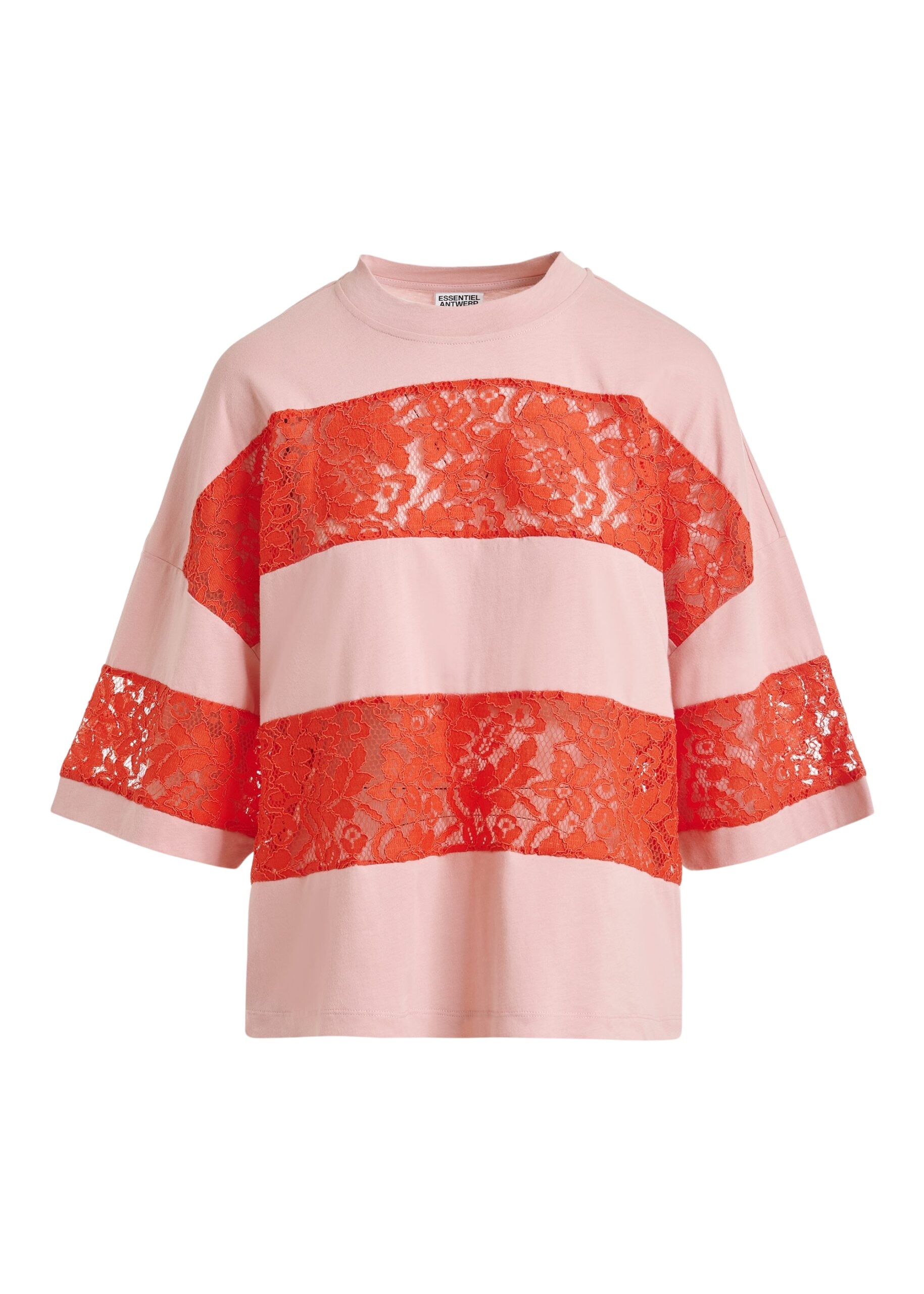 Vintage pink and orange organic cotton striped lace insert T-shirt