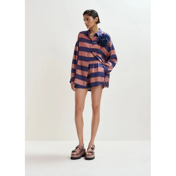 Essentiel Antwerp Vintage pink and purple oversized striped shirt, view 4