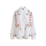 White and multicolor floral embroidered oversized cotton shirt