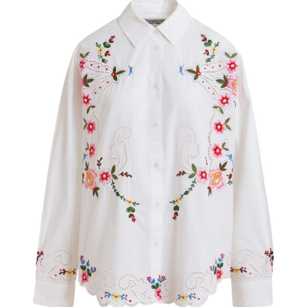 White and multicolor floral embroidered oversized cotton shirt