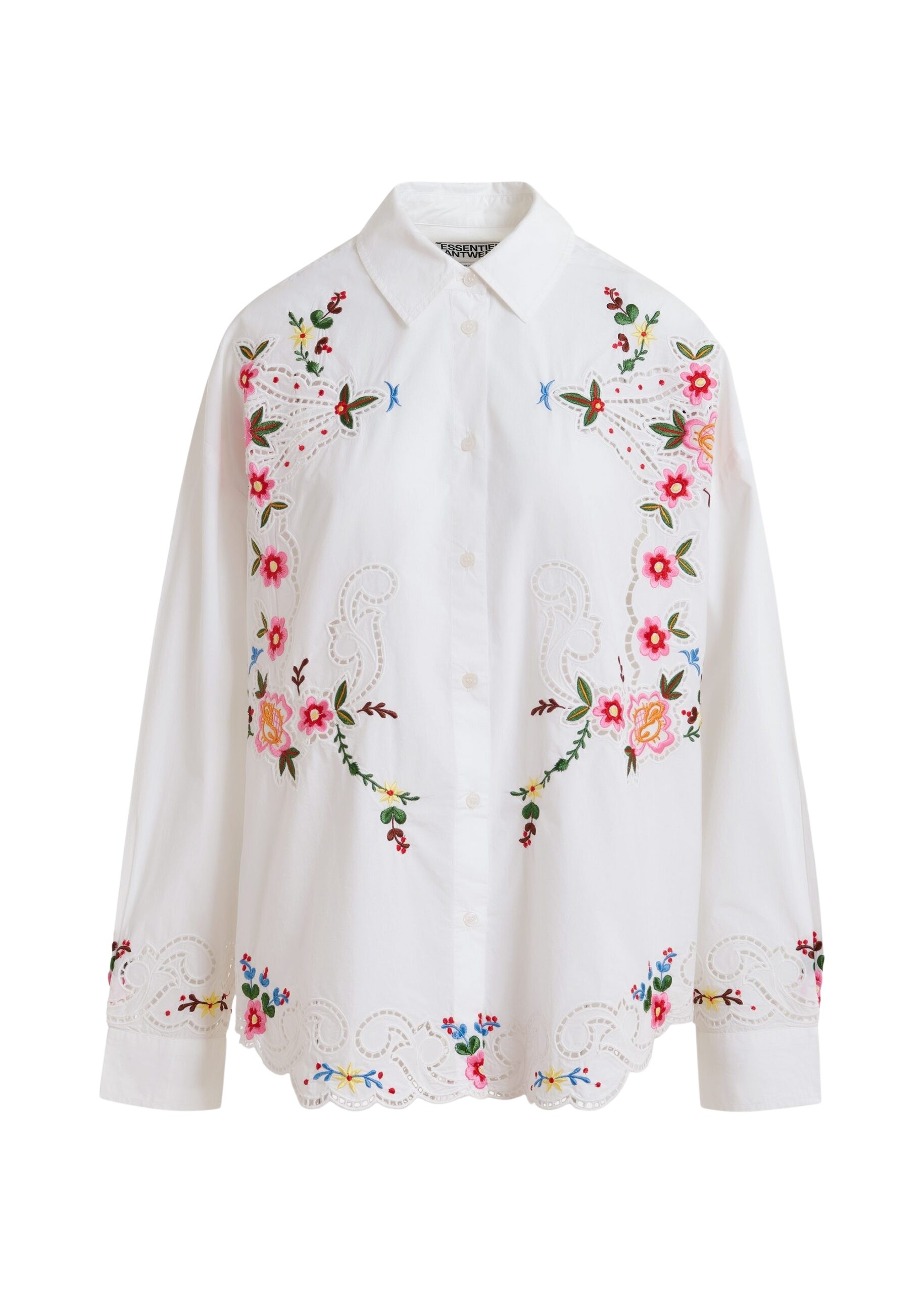 White and multicolor floral embroidered oversized cotton shirt